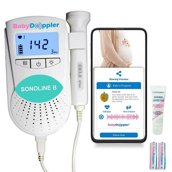 Sonoline B Sonde de Fréquence Cardiaque Sarcelle 3MHz, Moniteur Cardiaque Bébé, Rétroéclairage LCD, Gel de Baby Doppler