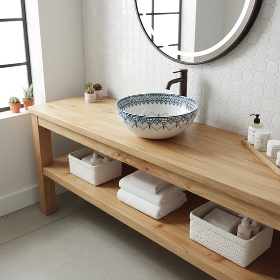 16" Round Artistic Ceramic Vessel Sink – Glossy Above-Counter Basin with Hand-Inspired Printed Pattern