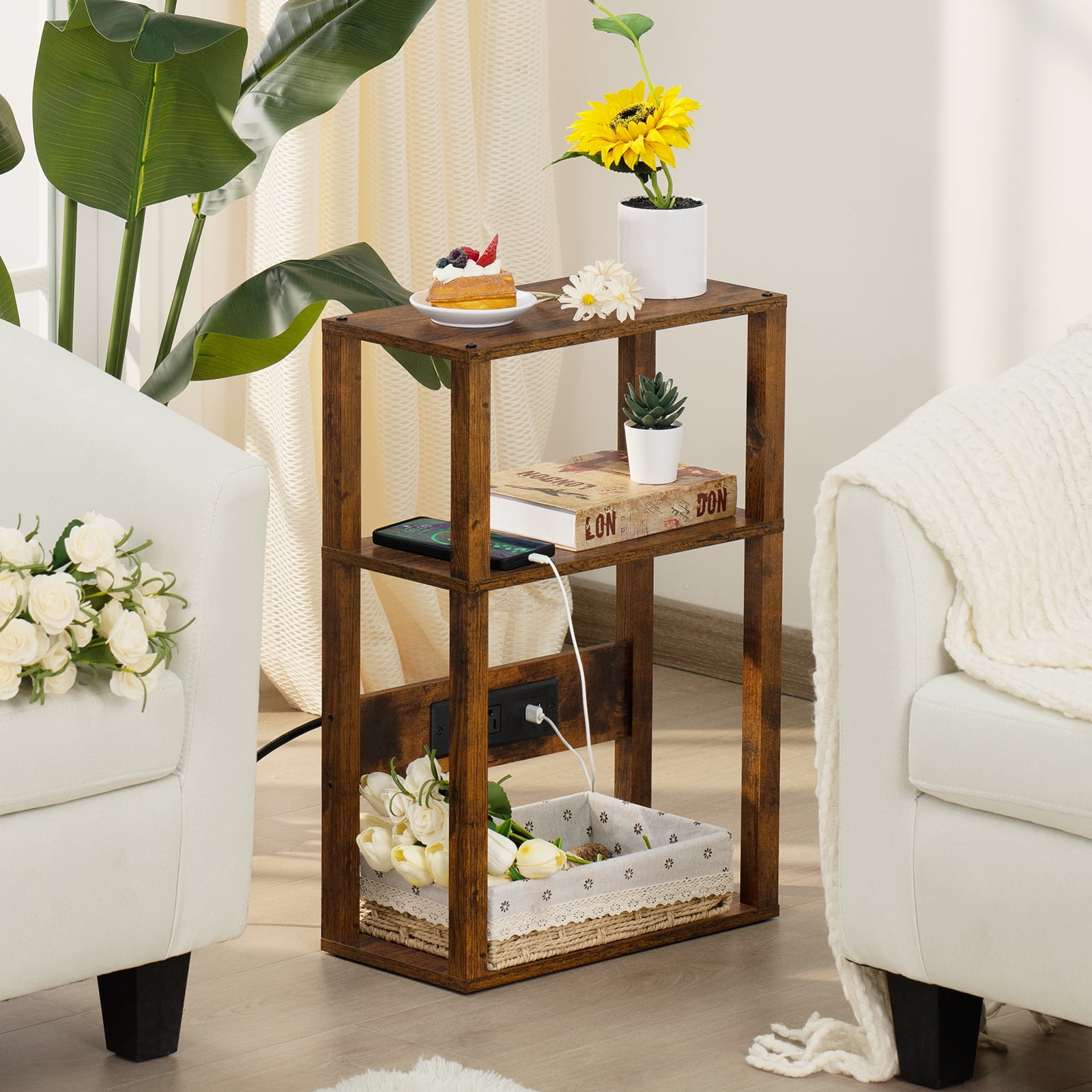 Narrow Side Table with Charging Station, 3 Tier Slim End Table with Storage Shelf for Small Spaces, Thin Tables Small Nightstand Magazine Rack for Bedroom, Brown