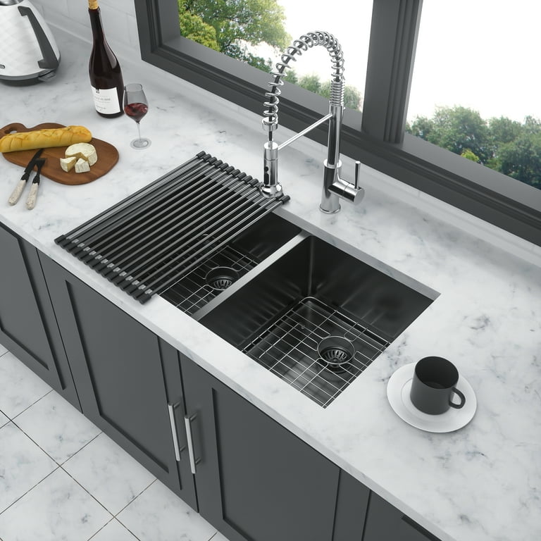 Kinnls Kitchen Sink Stainless Steel Undermount Black Nano Flying