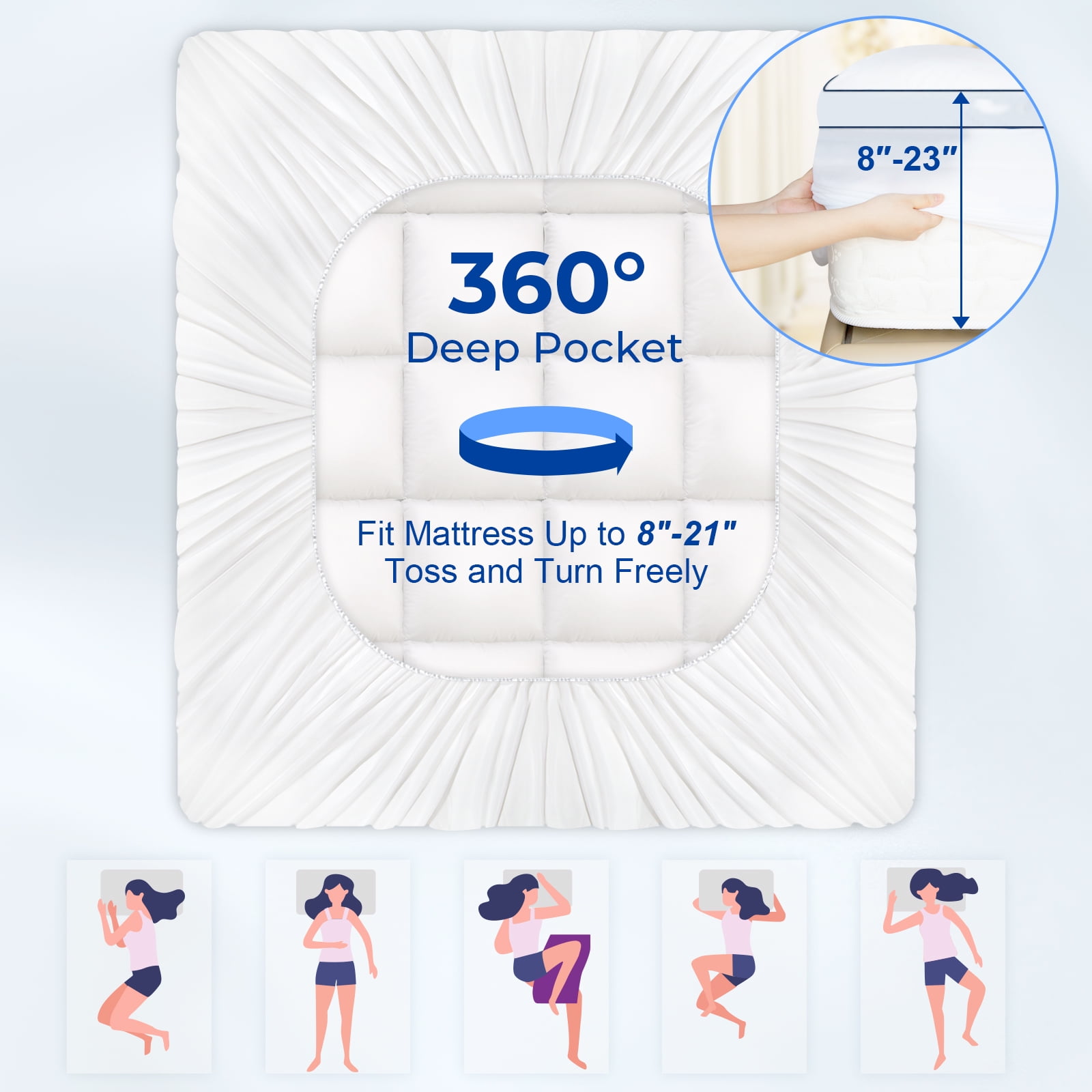 Kayfia Queen Mattress Topper for Deep Sleep, 3D+7D Snow Down Alternative Fill Overfilled Plush Pillow Top Mattress with 8-23 inch Deep Pocket-White
