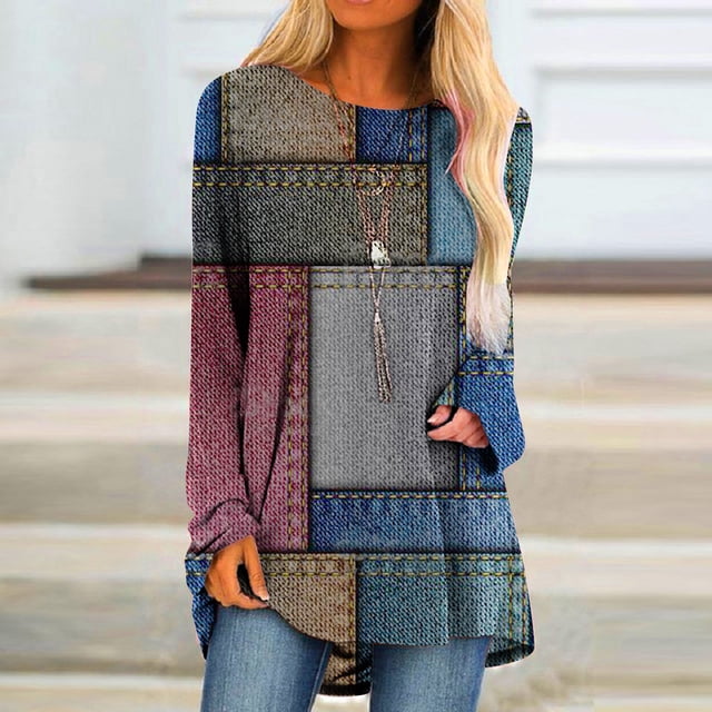 Puntoco Mujeres Moda Casual Socket Geometría Impreso Manga Larga Cuello Redondo tops Puntoco Puntoco-1830
