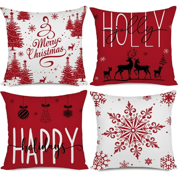 Christmas Pillow Covers 20x20 Set of 4 Farmhouse Christmas Decorations Happy Holidays Holly Jolly Snowflake Merry Christmas Decor Pillow Cover Cushion Case for Couch Sofa(Red)