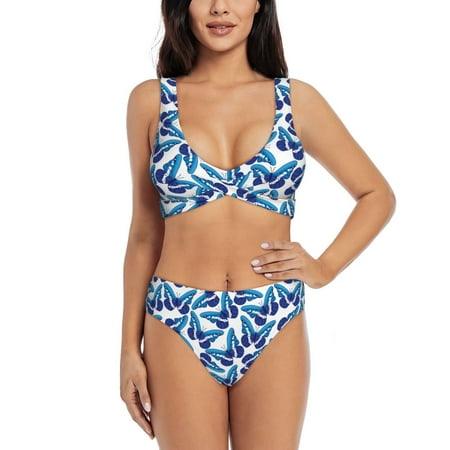 Zeuib Blue Butterflies High Waisted Tummy Control Bikini Set - Knot Front Push Up Top & Cheeky Thong Bottom  Two-Piece Swimsuit for Women-Large