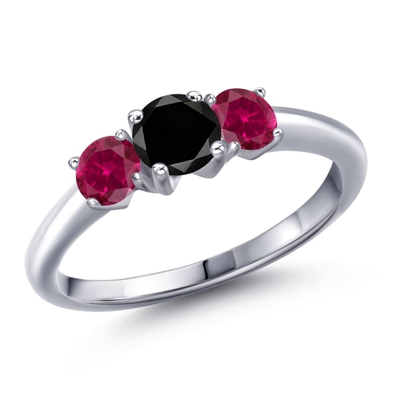 Gem Stone King 925 Sterling Silver Black Diamond and Red Created Ruby Engagement Ring for Women | 1.05 Cttw | Round 5MM | Gemstone April Birthstone | Size 7
