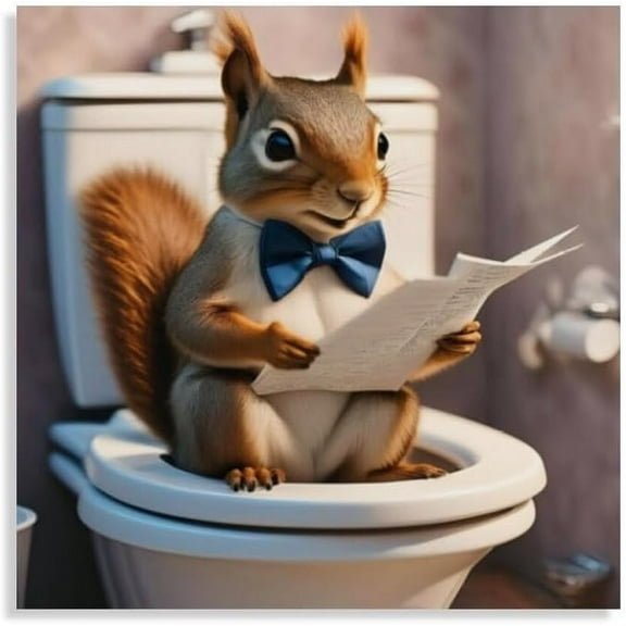 Aaheei Square Canvas Bathroom Decor Squirrel Wall Decor Poster Animals Reading Newspaper Theme Bathroom Wall Art Print Toilet Wall Decor Home Gift