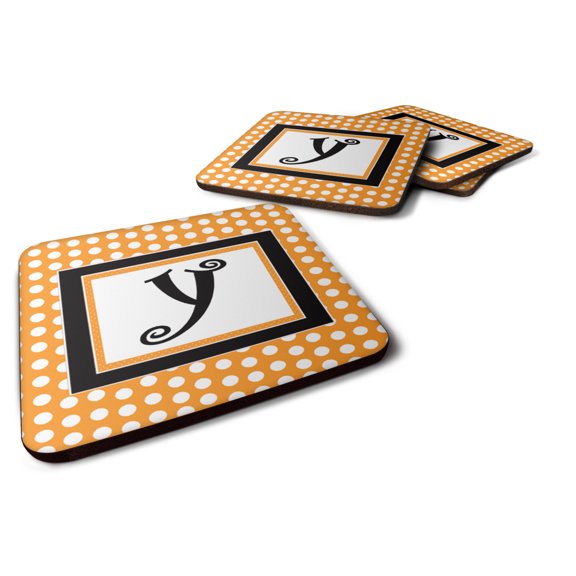 Letter Y Initial Monogram - Orange Polkadots Foam Coaster Set of 4
