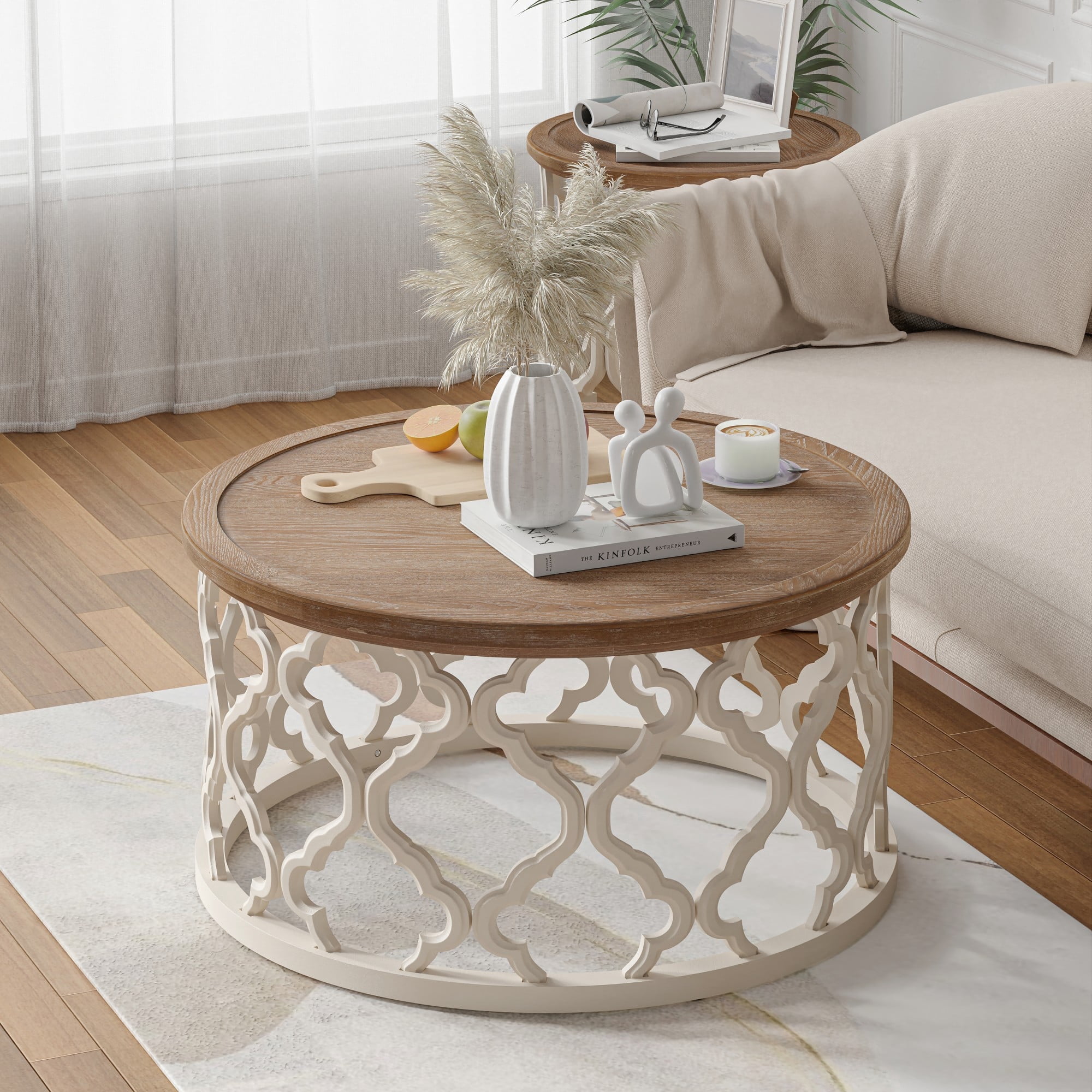 COZAYH Farmhouse Coffee Table, Distressed Tray Top Table with Curved Motif Frame Base for Boho, Rustic, French Country Decor, Round, White
