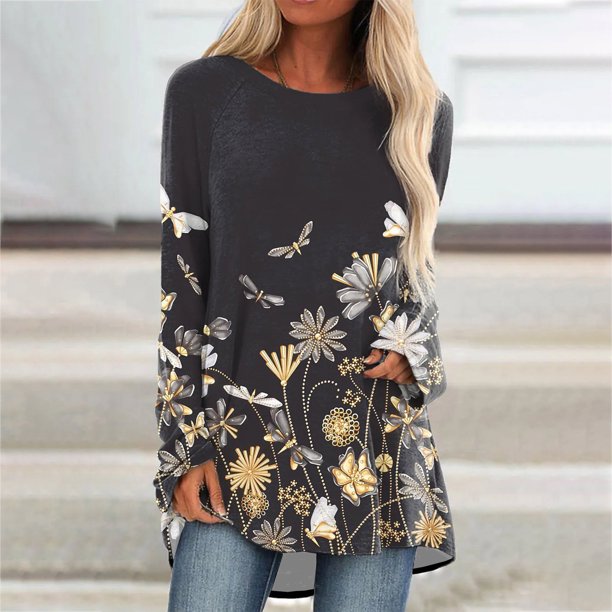 Puntoco Blusa de manga larga suelta con estampado de cuello redondo para mujer Puntoco Puntoco-1472