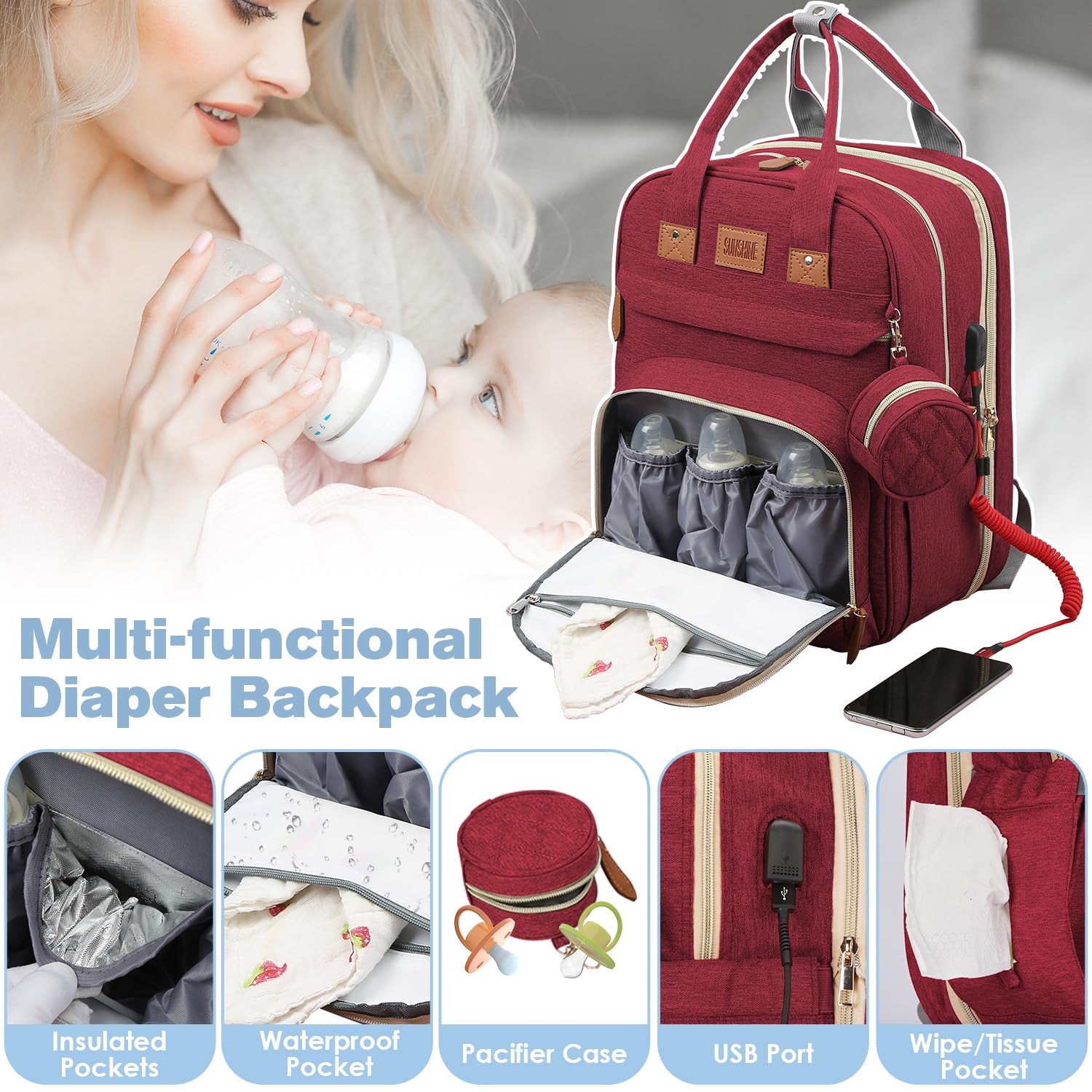 RsenFremior 3 in 1 Diaper Bag Backpack, Foldable Baby Bed Waterproof Travel Bag with USB Charge& Insulated Pockets, Large Unisex Diaper Bag Backpack for Baby