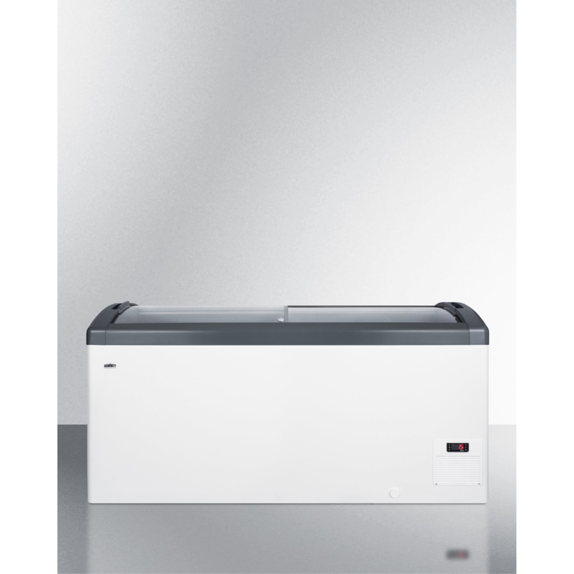 Curved top commercial ice cream freezer made in Denmark, with sliding glass lid, digital thermostat, novelty baskets, and 14.8 cu.ft. interior