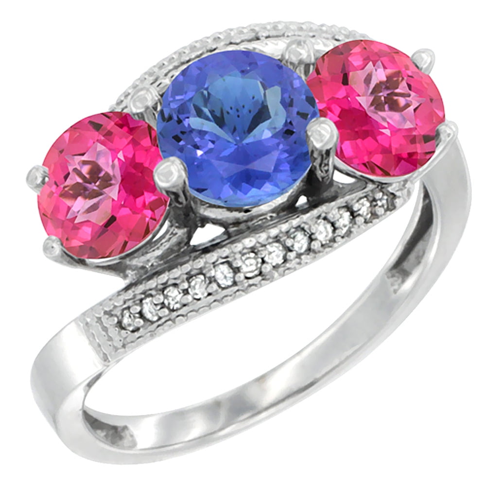 14K White Gold Natural Tanzanite & Pink Topaz Sides 3 stone Ring Round 6mm Diamond Accent, size 5 by Gabriella Gold