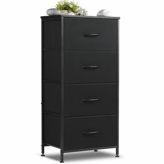 Nextay 4-Drawer Fabric Storage Dresser, End Table with Steel Frame & Wooden Top, Organizer Unit for Living Room, Entryway, Black