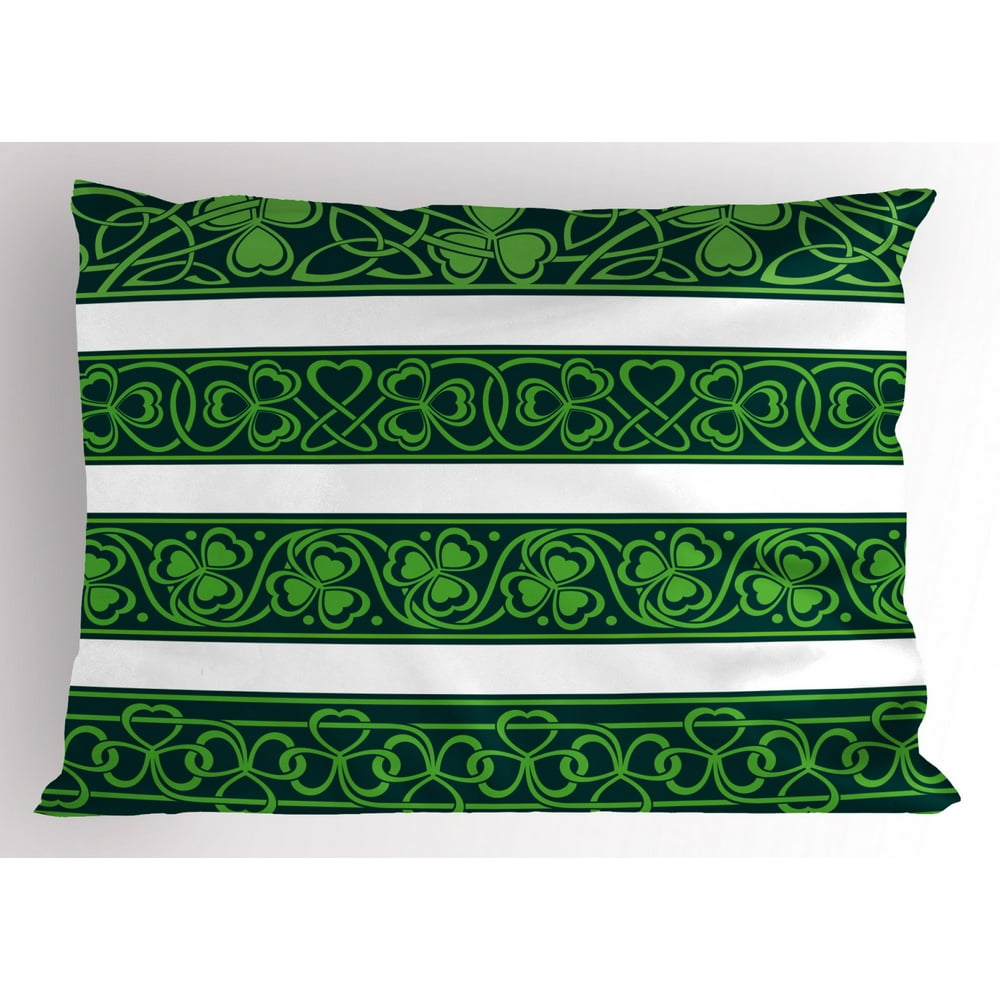 Irish Pillow Sham Set of Four Shamrock Borders Gaelic Nature Botany Theme Artsy Trefoils Swirls