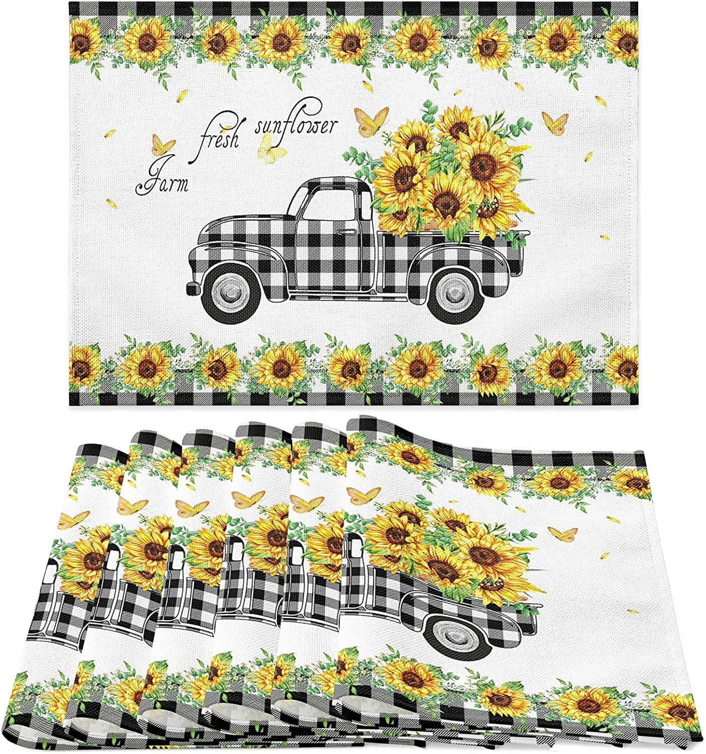 SPXUBZ Placemats, Black and White Buffalo Plaid Truck Farm Fresh