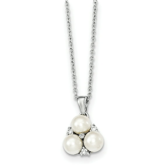 Primal Silver Sterling Silver Rhodium-plated 5-6mm White Freshwater Cultured 3-Pearl and Cubic Zirconia Necklace