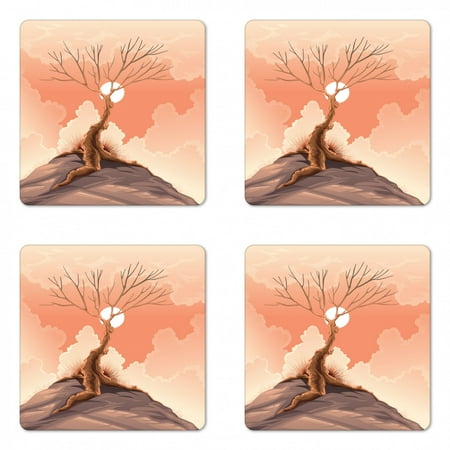 

Landscape Coaster Set of 4 Lonely Tree on Top of Cliff Rock Above the Moon Magistic Landscape Art Print Square Hardboard Gloss Coasters Standard Size Orange Brown by Ambesonne