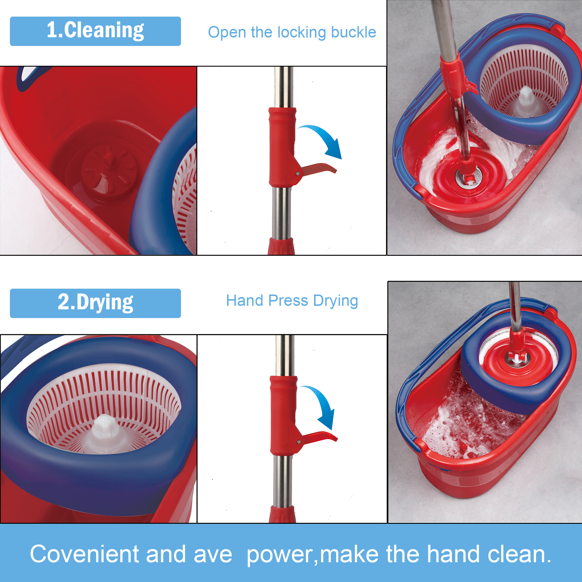 SUGARDAY Spin Mop and Bucket System with Wringer Set for Floors with 3 Microfiber Mop Heads, Red