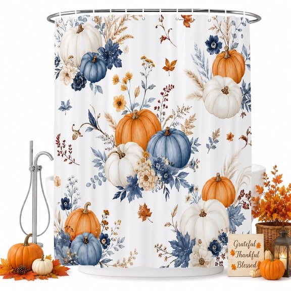 Shower Curtains for Bathroom-36"x72",Fall Thanksgiving Pumpkin Floral Waterproof Bath Curtain Grommet Shower Curtain Set with Hooks
