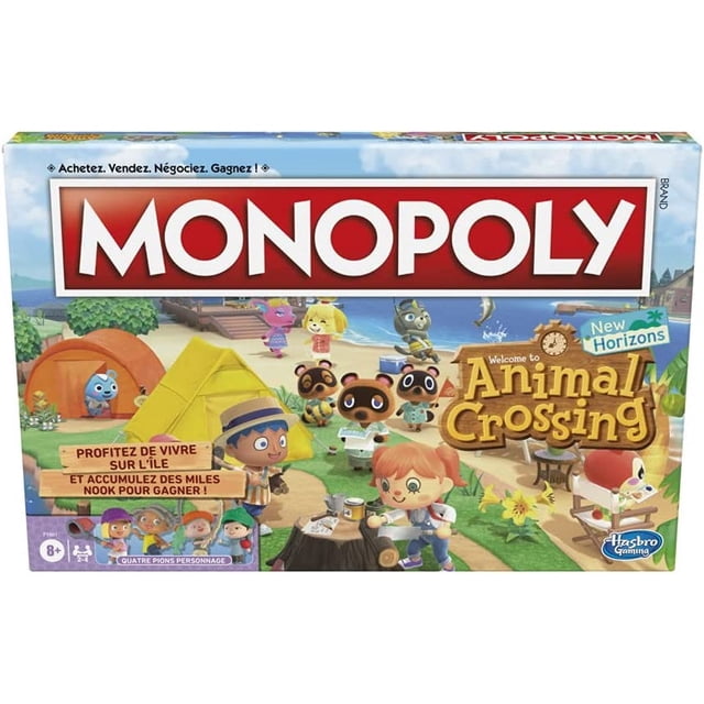 Monopoly: Animal Crossing New Horizons Edition (French) board game box featuring colorful artwork inspired by the Animal Crossing video game. The cover shows characters and elements from the game, including tents, trees, and a beach setting. The Hasbro Gaming logo is visible in the bottom right corner. Designed for 2-4 players, ages 8 and up.