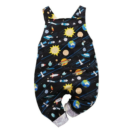 

Newborn Baby Boys Jumpsuit 9 Months Baby Boys Onesies Bodysuit 12 Months Baby Boys Planet Print Straps Suspender Jumpsuit Black