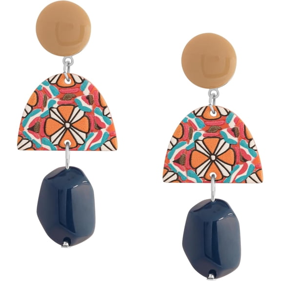 Boho Chic Geometric Drop Earrings, Vibrant Multicolor Pattern with Navy Accent Beads & Glossy Studs, Jewelry Gift for Women