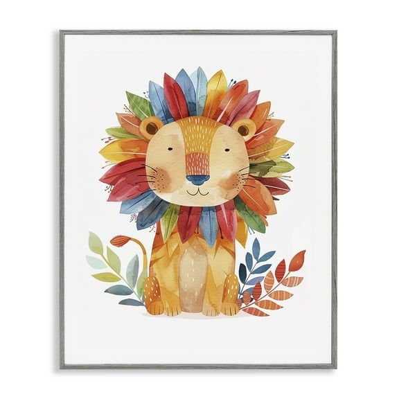 Stupell Industries Rainbow Blooms Lion Animals Painting Gray Framed Art Print Wall Art, 24 x 30