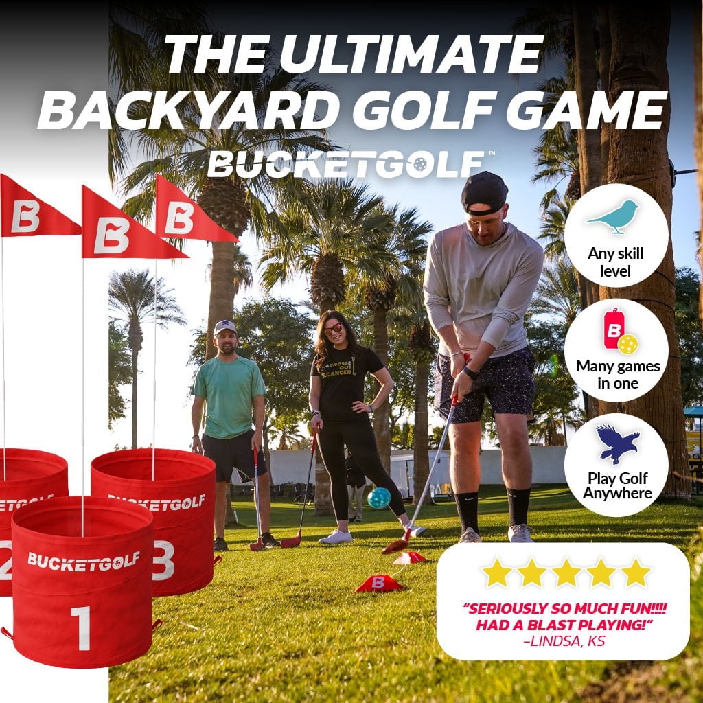 BucketGolf Pro 9 Hole Course - The Ultimate backyard golf game for levels, adults, kids and families. Play on vacation, park, beach, camping and more.