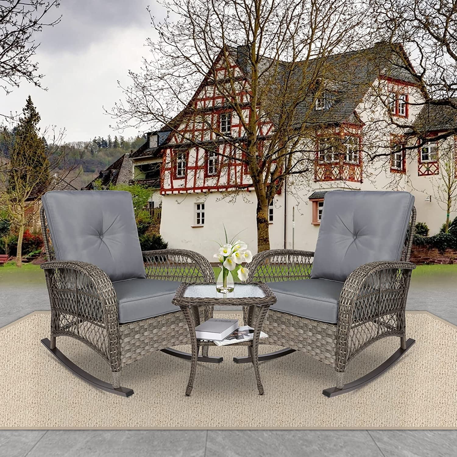 3Piece Outdoor Wicker Rocking Chair Set, Patio Bistro