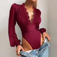 thumbnail image 2 of Autumn Female Bodysuit Solid Color Deep V-neck Long Sleeve Playsuits, 2 of 4