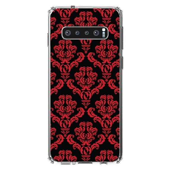 DistinctInk Clear Shockproof Hybrid Case for Samsung Galaxy S10 (6.1" Screen) - TPU Bumper, Acrylic Back, Tempered Glass Screen Protector - Black Red Damask Pattern - Floral Damask Pattern