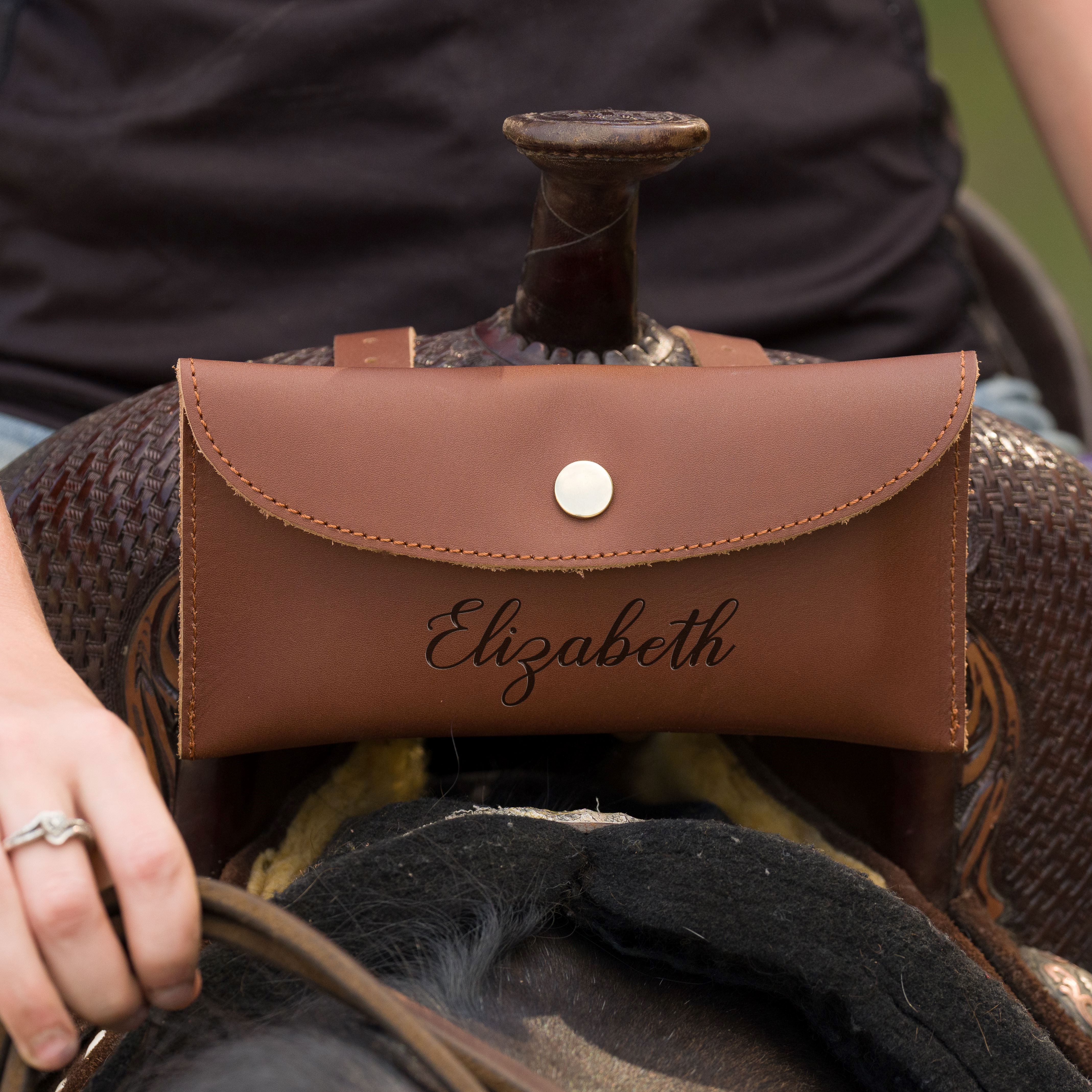 Personalized Genuine Leather Saddle Bag, Horse Tack Phone Holder, Equestrian Riding Accessory, Gift for Horse Lovers