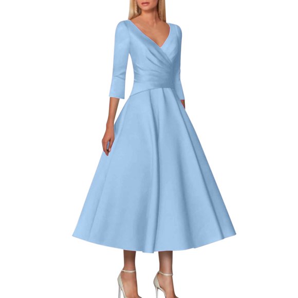 WTXUE Dresses for Women 2024, A-Line Wedding Guest Retro Elegant V-Neck Tea Length Satin Half Sleeve with Pleats, Petite Dresses for Women, Blue Dress Women, Light Blue S