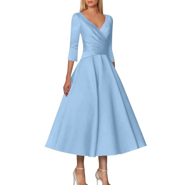 WTXUE Robes pour Femmes 2024, Robe Trapèze Invitée de Mariage Rétro Élégante à Col en V Longueur Thé en Satin à Manches Mi-Longues avec Plis, Petites Robes pour Femmes, Robe Bleue Femme, Bleu Pâle S