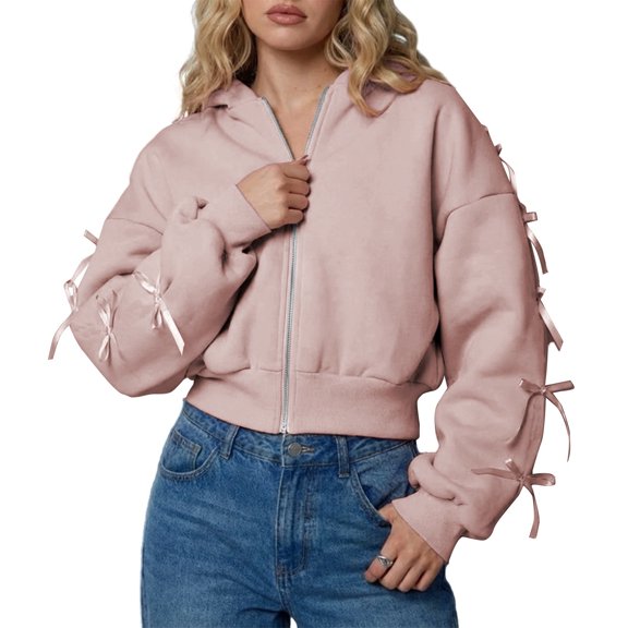 Zip Up Hoodie Women with Ribbon Bows Cropped Varsity Jacket Fall Cute Outerwear