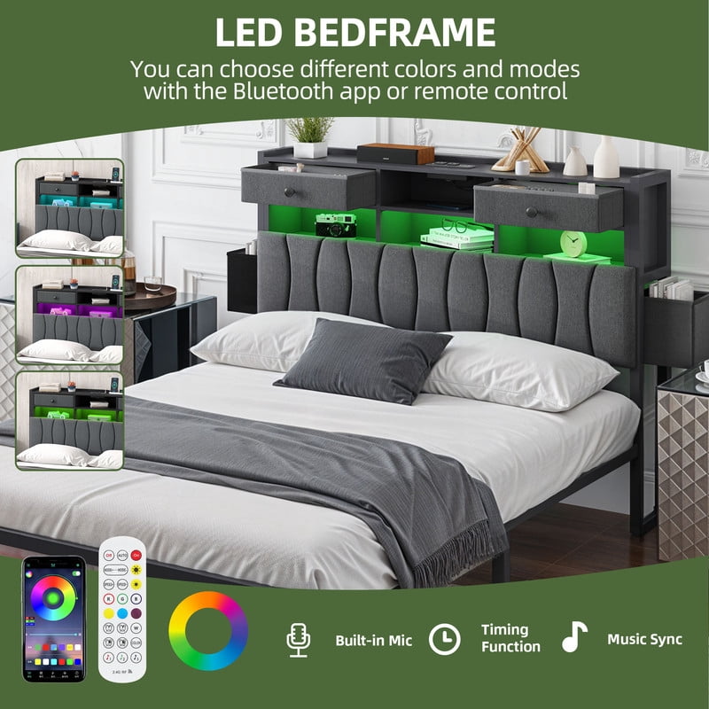 Uforic Full Upholstered Bed Frame with Charging Station, LED Platform Bed with Storage Drawers, Gray