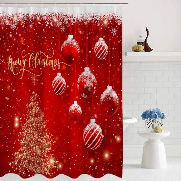 Rideau de Douche Joyeux Noël Boules de Noël Rouges Flocon de Neige Doré Étoiles Arbre de Noël Hiver Neige Paillettes Joyeux Nouvel An Décoration de Festival Tissu Rideau de Salle de Bain avec Crochet