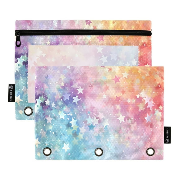 Starry Sky and Star 2 Pack Pencil Pouch for 3 Ring Binder Smooth Zipper Folders with Pockets Clear Window Pencil Case