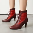 thumbnail image 3 of Women's Fashion Kitten Heel Lace Up Ankle Boots Pointed Toe Glitter Sequins Winter Fall Leather Dressy Combat Booties Red Size 6.5, 3 of 6