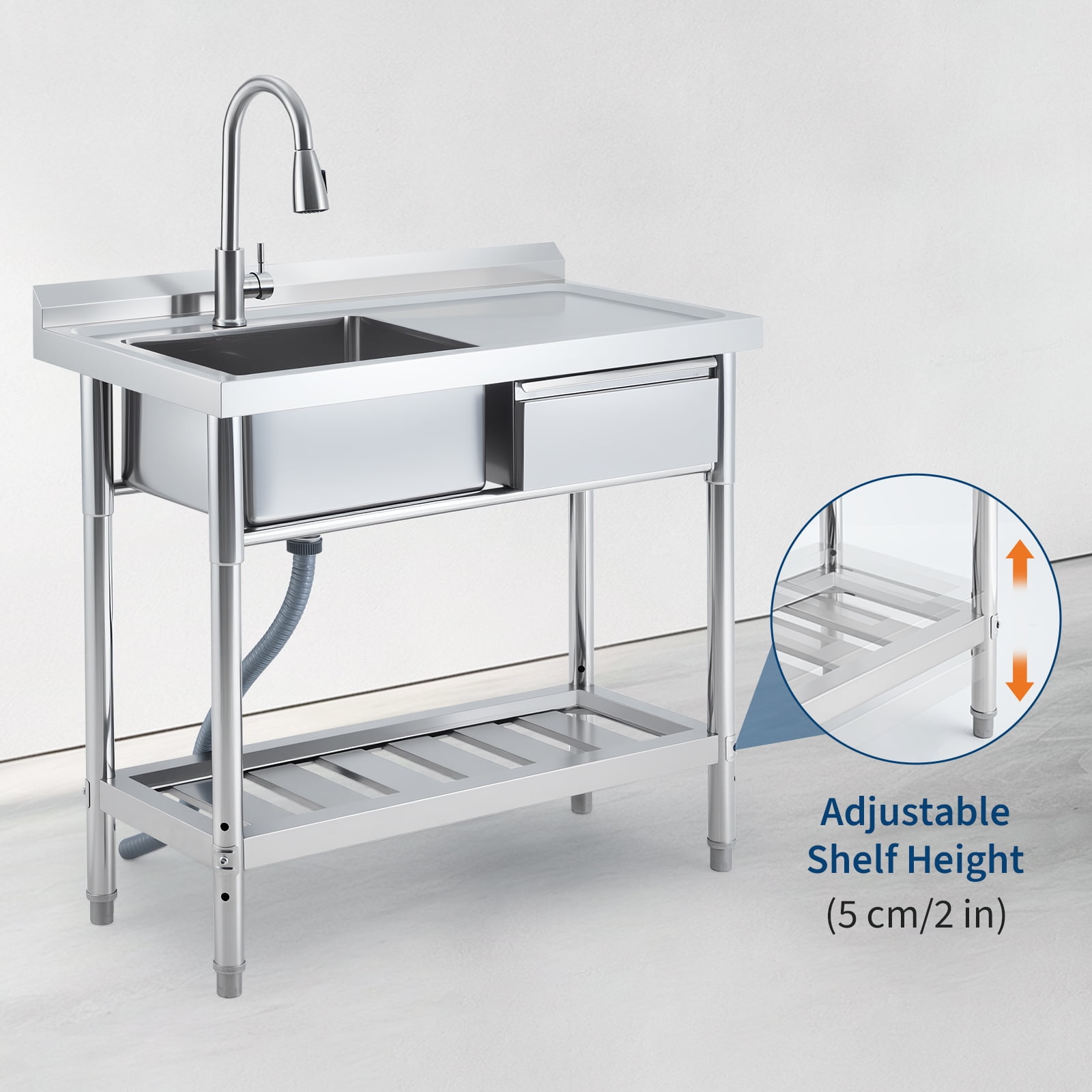 QinaQin 39 x 20 Inch Stainless Steel Sink with Worktop and Drawers, Freestanding Utility Sink with Pull Out Faucet