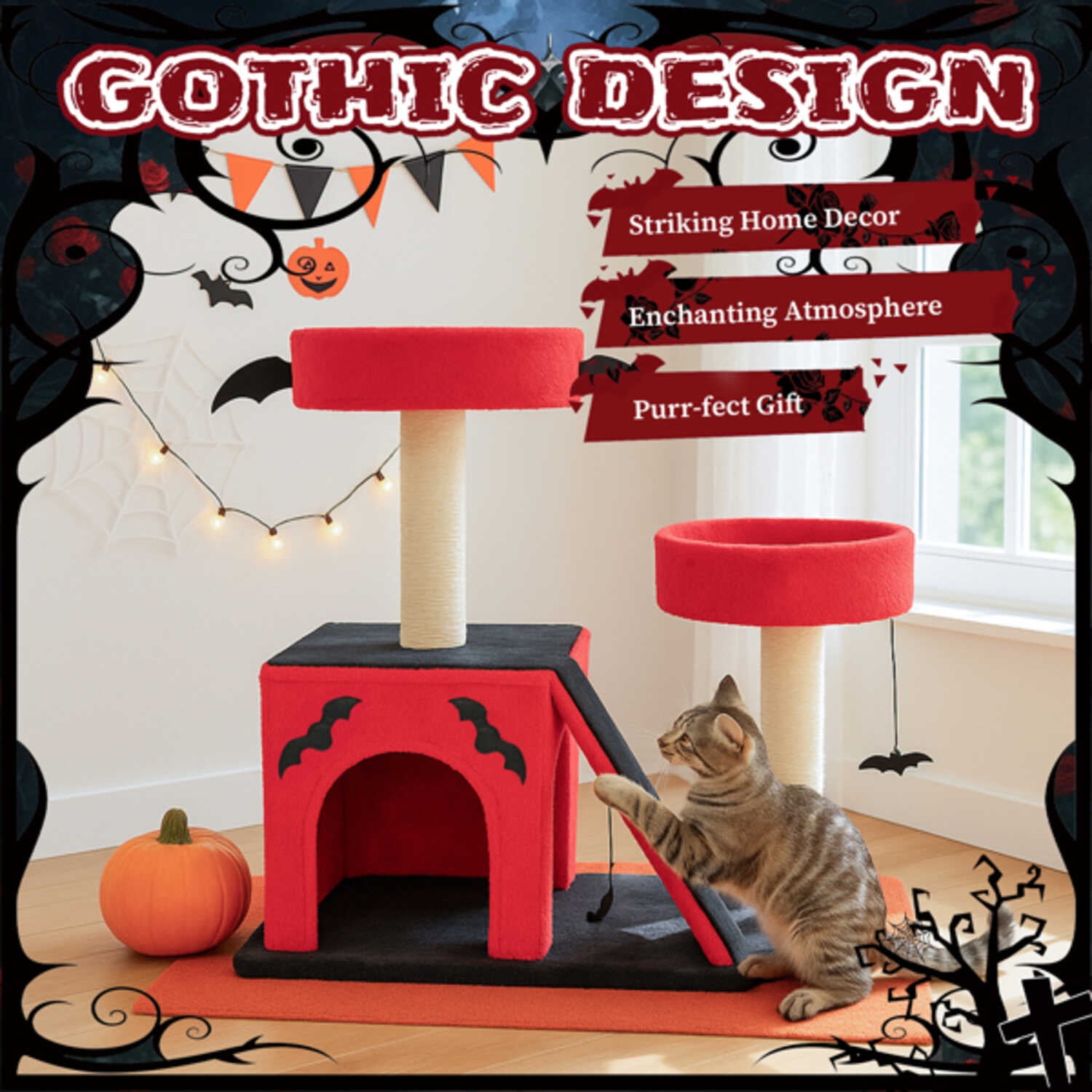 Gothic Style Cat Tree Tower - Halloween Bat Wing Cat Condo with Sisal Scratching Posts, 2 Padded Perches, Interactive Spider Toy for Indoor Cats