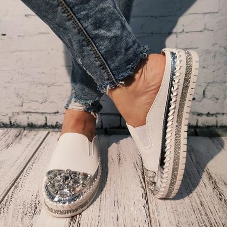 

WANYNG Fashion Womens Flats Heel Rhinestone Slip On Platform Loafers Slippers