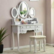 Make up Vanity Table Set Tri-folding Mirror Soft Padded Bench 7 Drawer White
