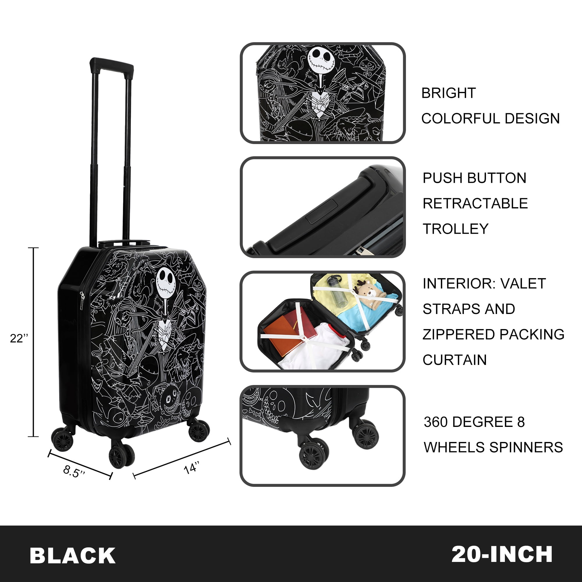 Nightmare Before Christmas Jack Skellington 20" Carry-On Luggage With Wheels And Retractable Handle