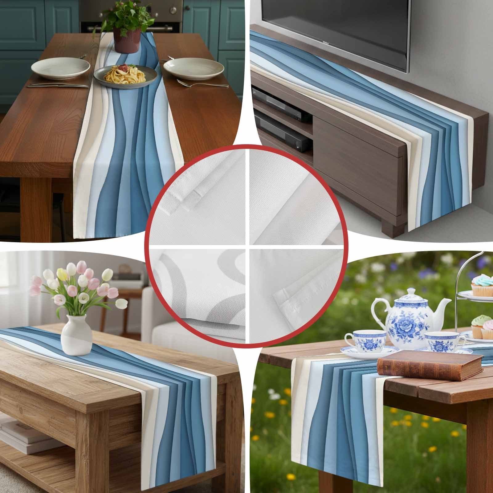 Ocean Blue Water Ripples Table Runner 90 Inches Long, Abstract Geometric Gradient Table Runners Tabletop Scarf Kitchen Dining Tables Decoration for Home Party Indoor Outdoor