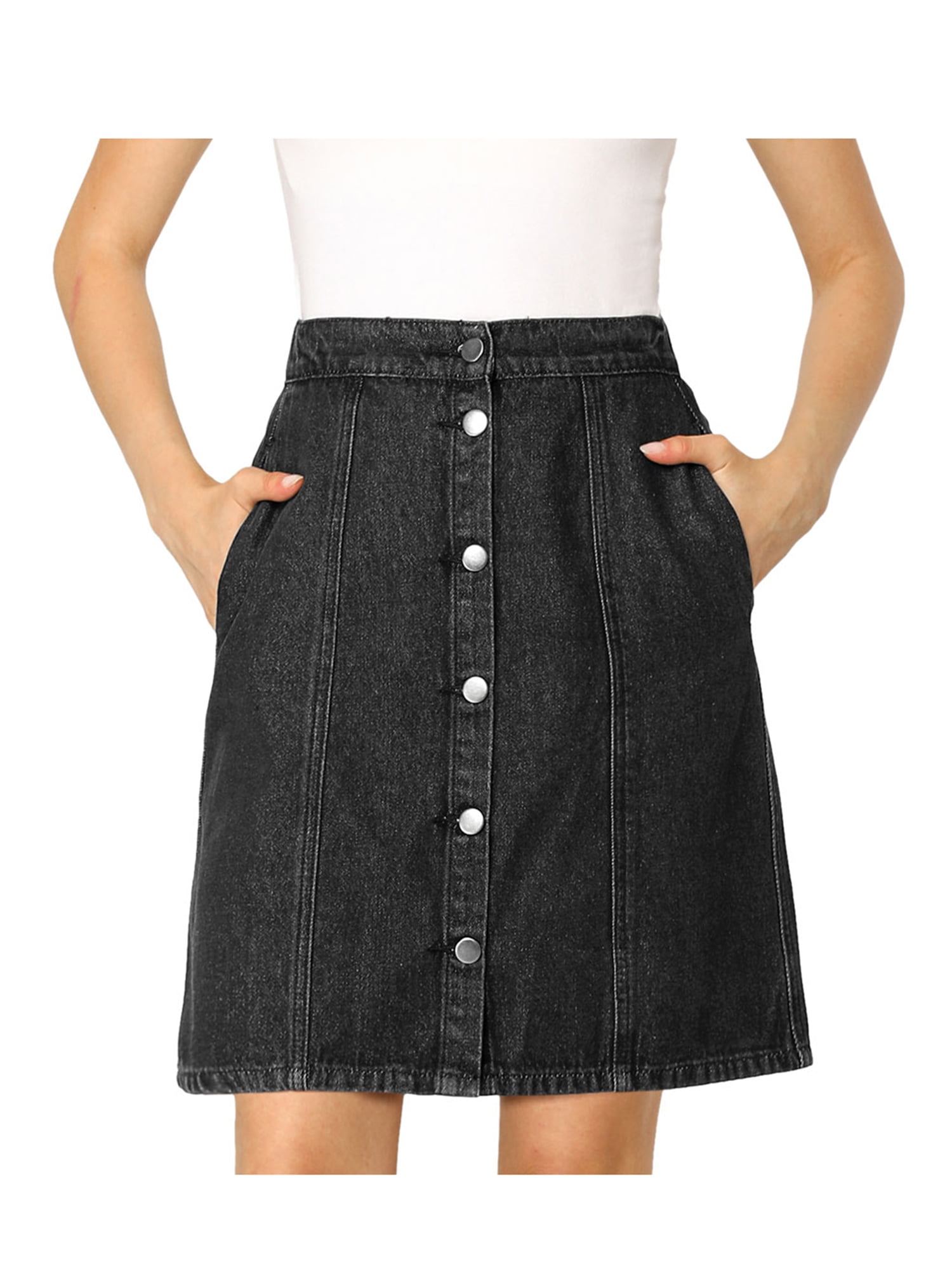 DARING DIVA Women's A-line Button Front Denim Short Skirt L Black