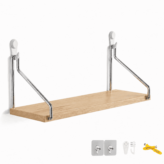 Plumilo 11.8 Inch Small Floating Shelf for Wall Wood Wall Mounted with Adhesive Hooks Bathroom Bedroom Living
