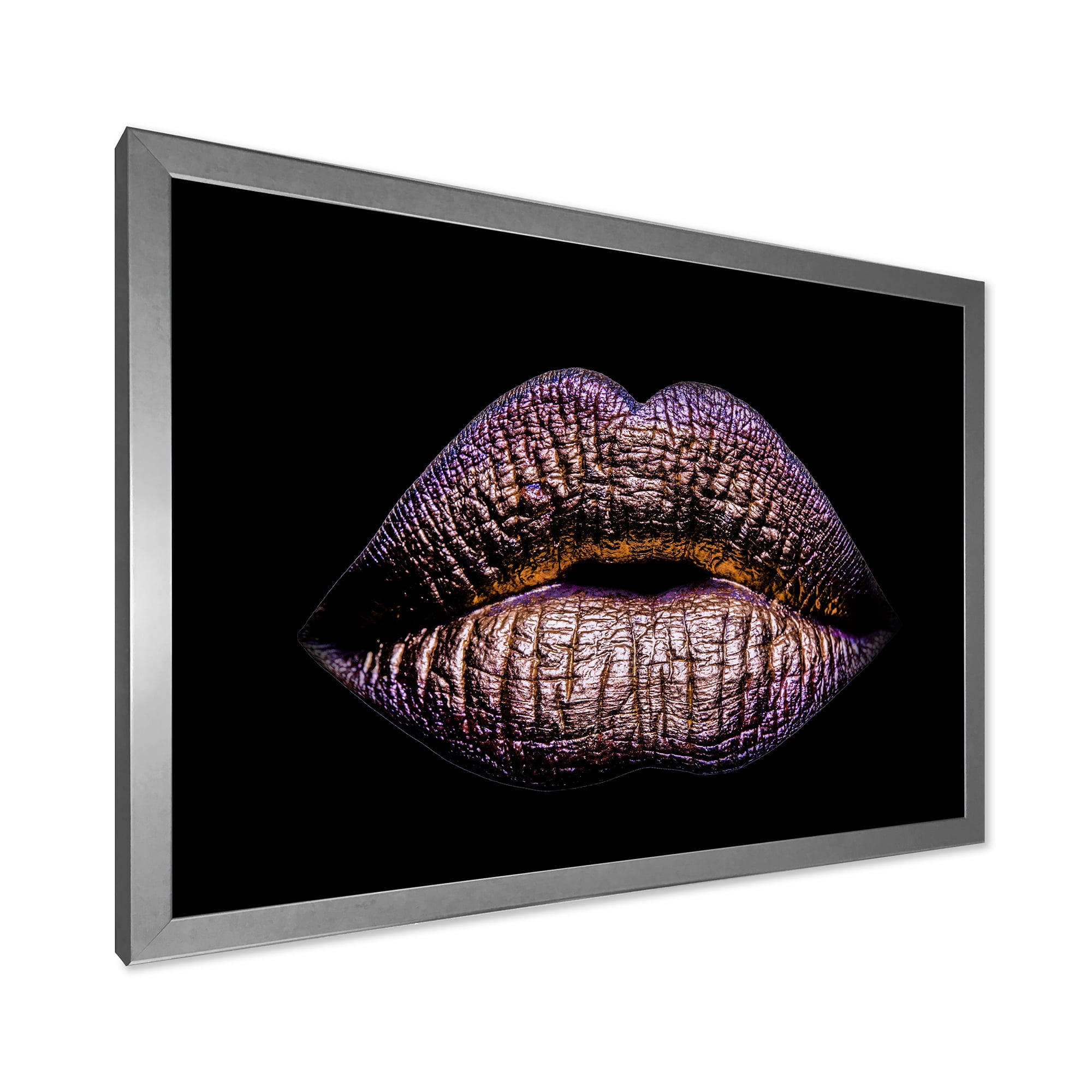 Designart 'Sexy Golden Metallized Woman Lips V' Modern Framed Art Print