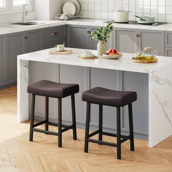 EastVita Set of 2 PU Leather Bar Stools | 24" Counter Height Stools with Thick Saddle Seats & Heavy Duty Metal Frame for Kitchen Island, Breakfast Bar, Easy Assembly