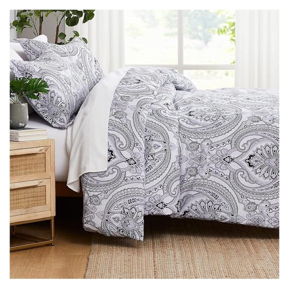 King Size Comforter Set, Down Bed Comforter Boho Bedding, Paisley Print Bedspread, King/California Size with 2 Matching Shams, Pure Melody Black